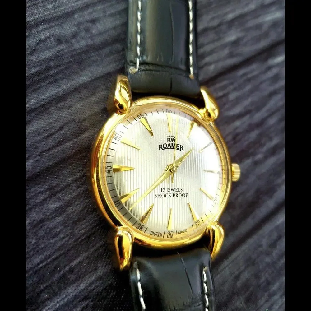 Rare Roamer‎ Brevete Swiss Mens Manual Watch Gld Cham Blk